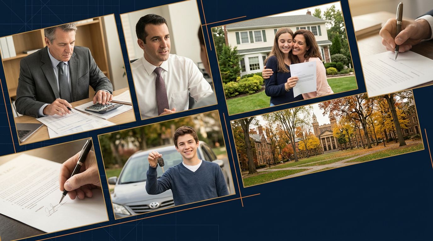 Collage of New Jersey families and professionals: a CPA reviewing returns, an attorney, a parent and college-bound daughter with an award letter, a new teen driver with car keys, and a college campus in autumn